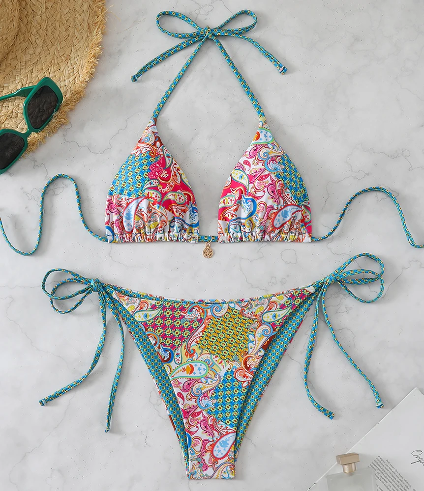 

Sexy Bikini 2026 Women Paisley Flower Print Brazilian Bikinis Ethnic Style Split Bathing Suit Summer Swimsuit Beachwear