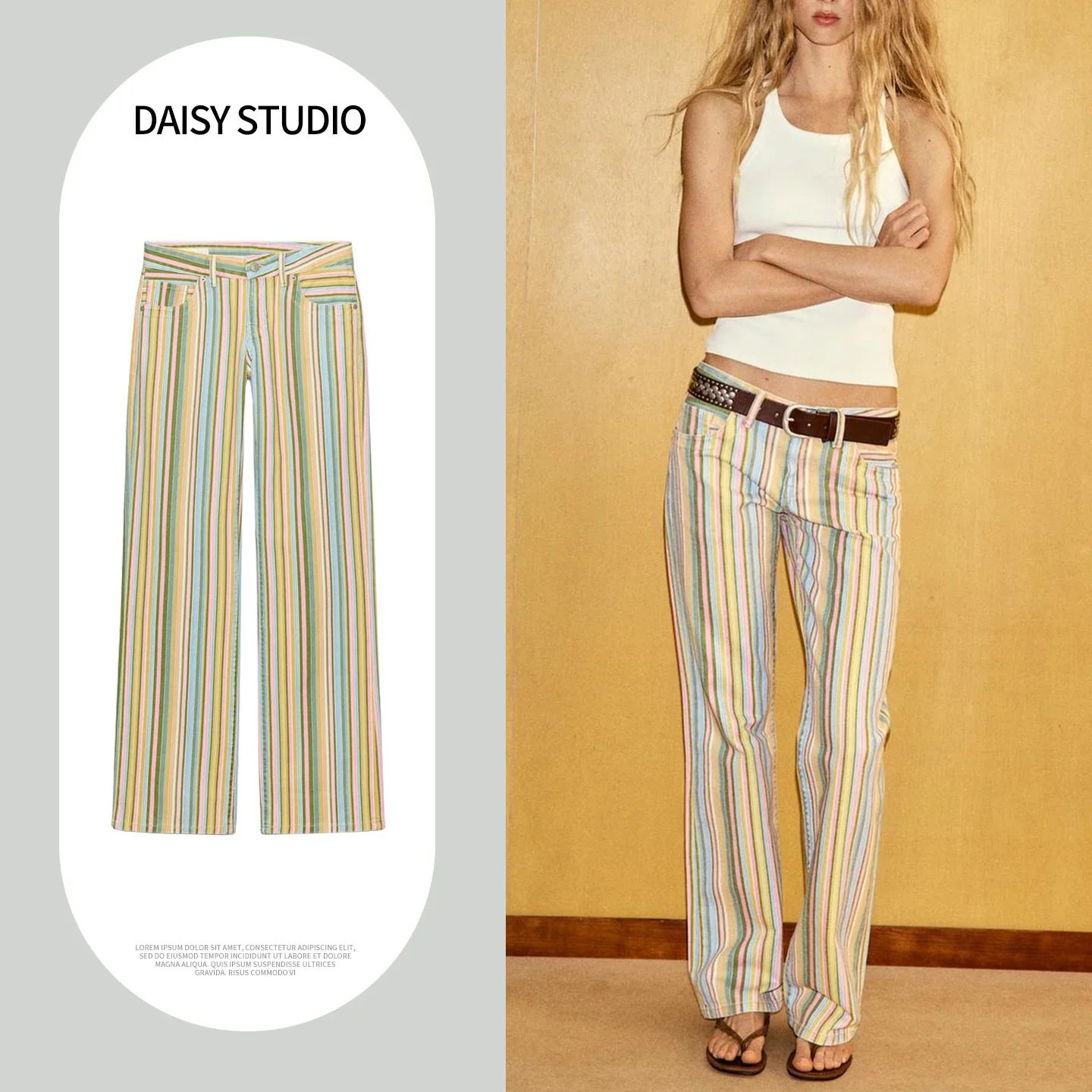 

Low Waist Wide Leg Striped Denim Jeans Women's Casual Fashion Metal Button New Summer Pants Polyester Fiber Zipper Closure