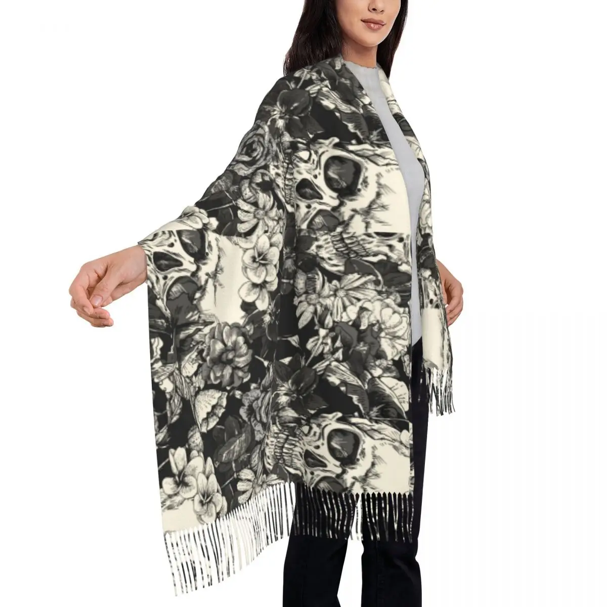 Outdoor Scarf Autumn Gothic Skulls Shawls Wrpas Horror Flowers Halloween Designer Bufanda Ladies y2k Cool Scarves Wraps