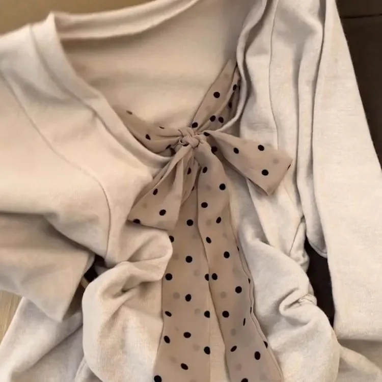 Elegant V Neck T Shirt With Polka Dot Bow Tie Detail For Office Wear Spring Autumn Fashion Women's Top