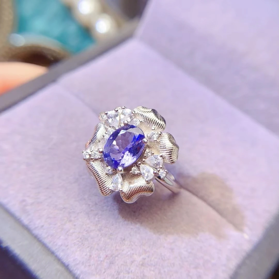 KJJEAXCMY Natural Tanzanite Ring S925 Sterling Silver Lustrous Elegant Simple High-End Birthday Jewelry Gift Support testing