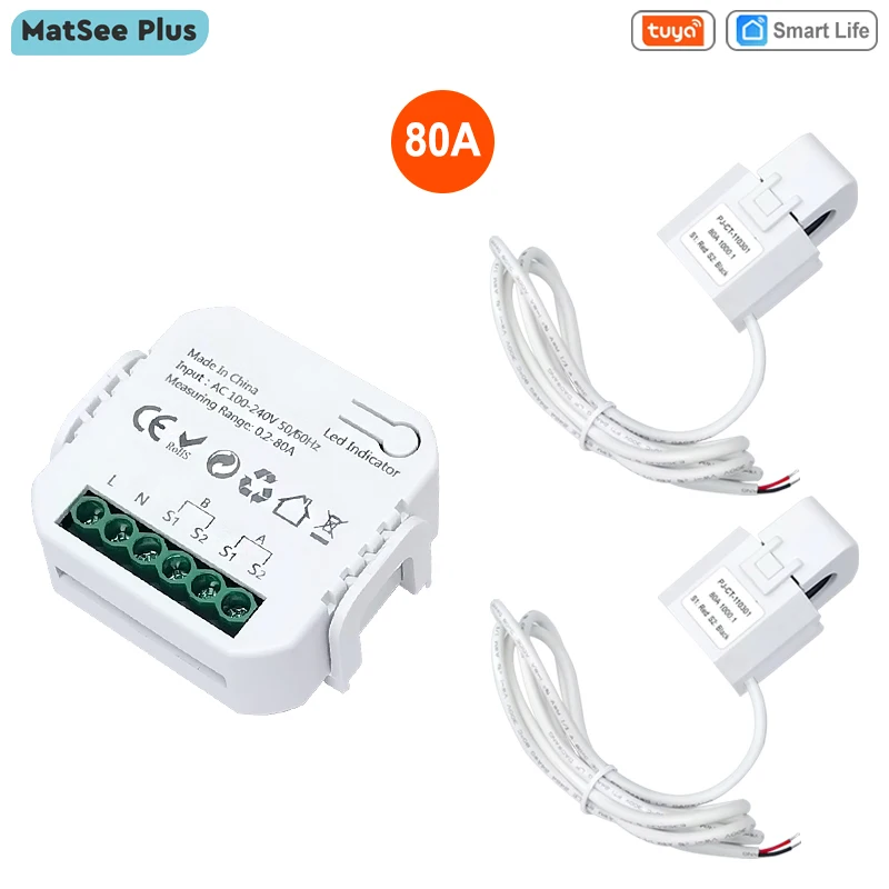 Tuya Smart Life ZigBee Energiemeter Bidirectioneel 1, 2 kanalen met klem CT App Monitor Zonne-energie, 80A, 110V 240VAC 50/60Hz