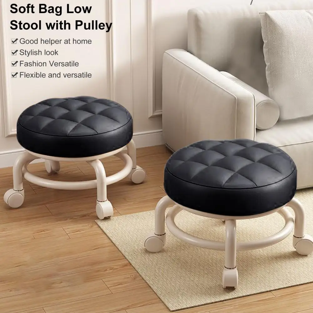 Heavy-Duty Shoe Stool Faux Leather Surface Sponge Filling Metal Legs 360 Degree Rotating Round Low Stool Household Supplies