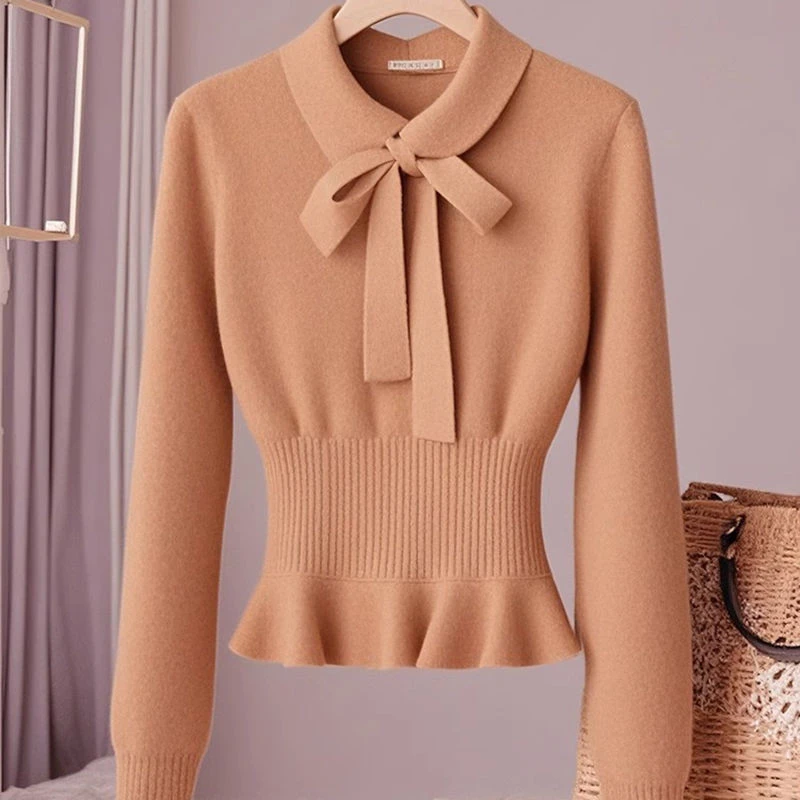 High End Bow Wool Sweater Autumn Winter French Lace Up Cashmere Pullover Women Small Fragrance Slim Waist Knitwear Gentle 041H