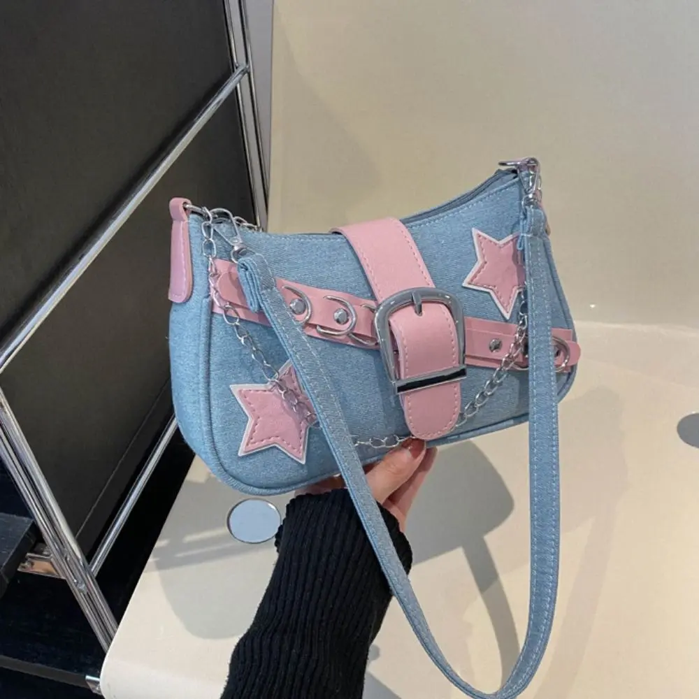 Casual Handbag Y2k Underarm Bag Tote Bag Star Pattern Korean Style Shoulder Bag Chain Denim Tote Bag Girls