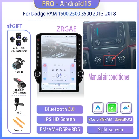 14,5-дюймовый автомобильный мультимедийный проигрыватель на Android 15 для Dodge RAM 1500 2500 3500 2013-2018 с GPS-навигацией, экраном в стиле Tesla и беспроводным CarPlay
