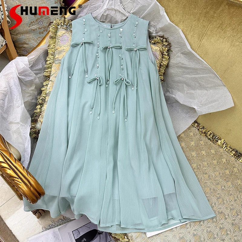 

2024 Summer New Sweet Cute Dresses Chiffon Bow Beaded Loose Comfort Solid Color Dress Feminine Pullover Sleeveless A- Line Dress