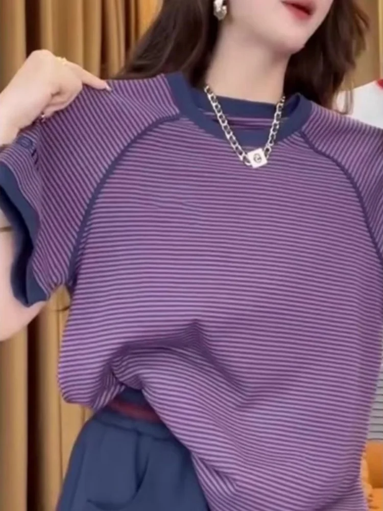 Korean Style Striped Color Block round Neck Short Sleeve T-Shirt Women's Summer Loose Slimming Casual Top Commute Ready