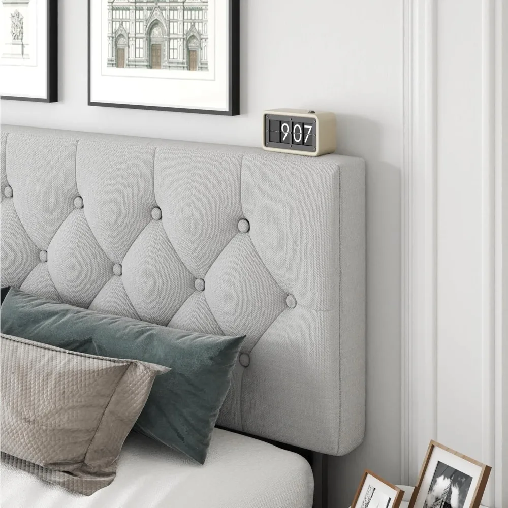 King Size Platform Bed Frame with Upholstered Headboard, Button Tufted Design, Strong Wooden Slats, No Box Spring Needed, Easy A