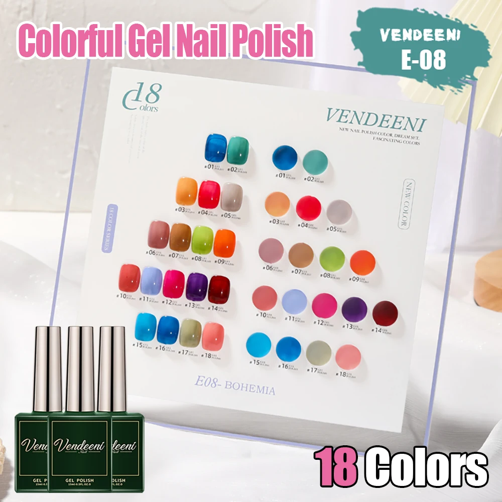 Vendeeni 18 Colors Summer Colorful Gel Nail Polish Semi Permanent UV LED Soak Off Gel Polish Lacquer Nail Art Gel Varnish 15ml