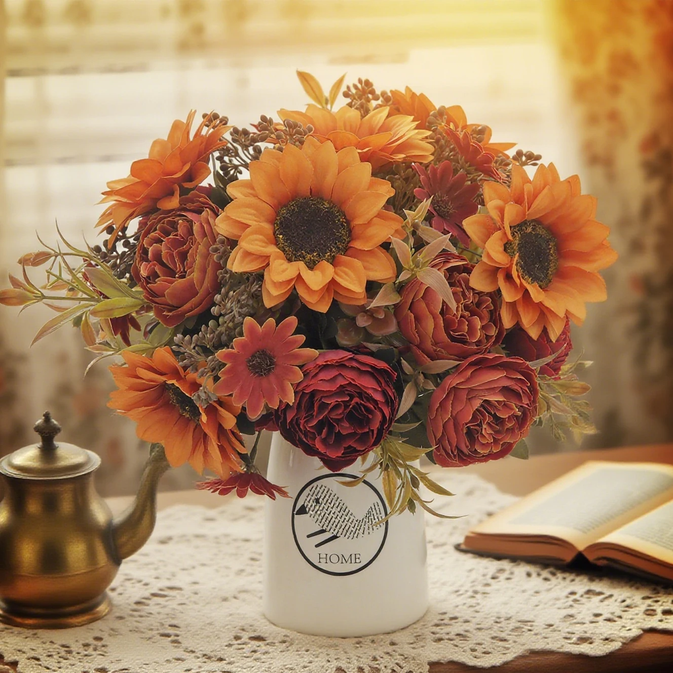 الفاوانيا الزهور الاصطناعية عباد الشمس باقة الزفاف الحرير الزفاف هدية المنزل في الهواء الطلق الخريف الخريف الديكور الربيع الزهور خلفية #3