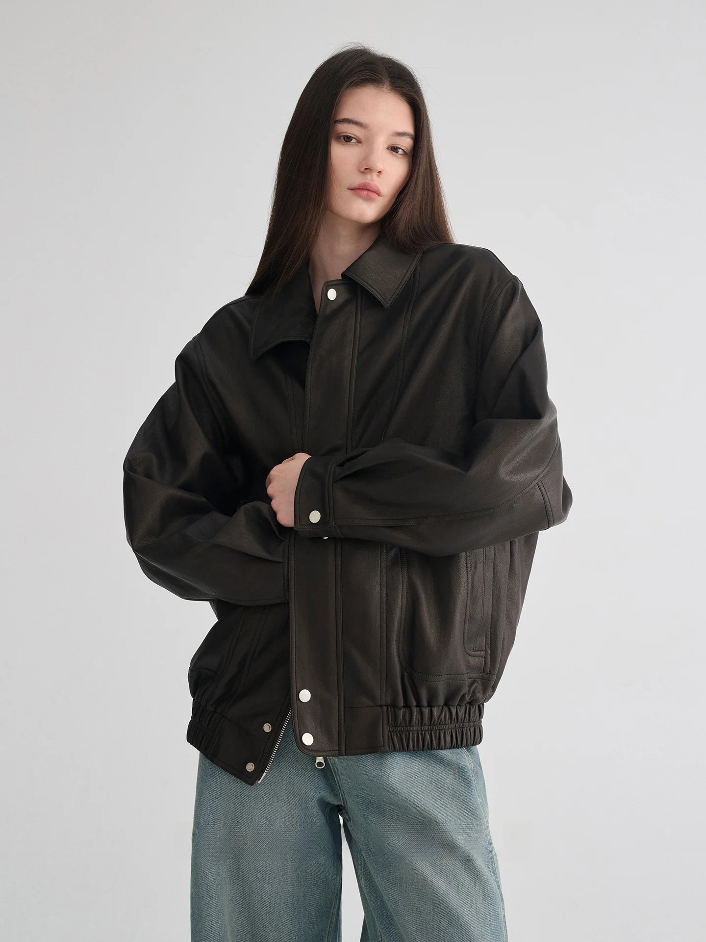 メゾン セシール レトロ スリ ルーズ プロテイン レザー ジャケット レディース カジュアル ファッション アウターウェア 亜鉛合金ジッパー留め コットン...