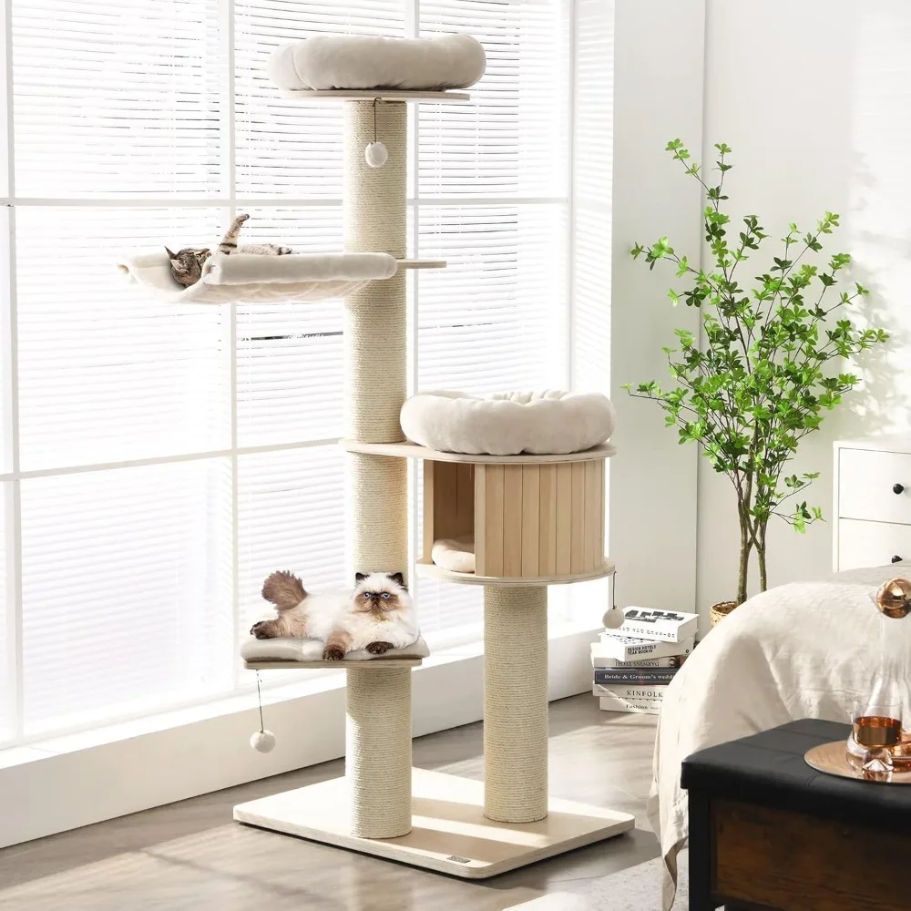 

Modern Cat Tree, Multi-Level Large Cat Tower with Condo, Hammocks & Hanging Basket, Tall Cat Tree with Sisal Posts.