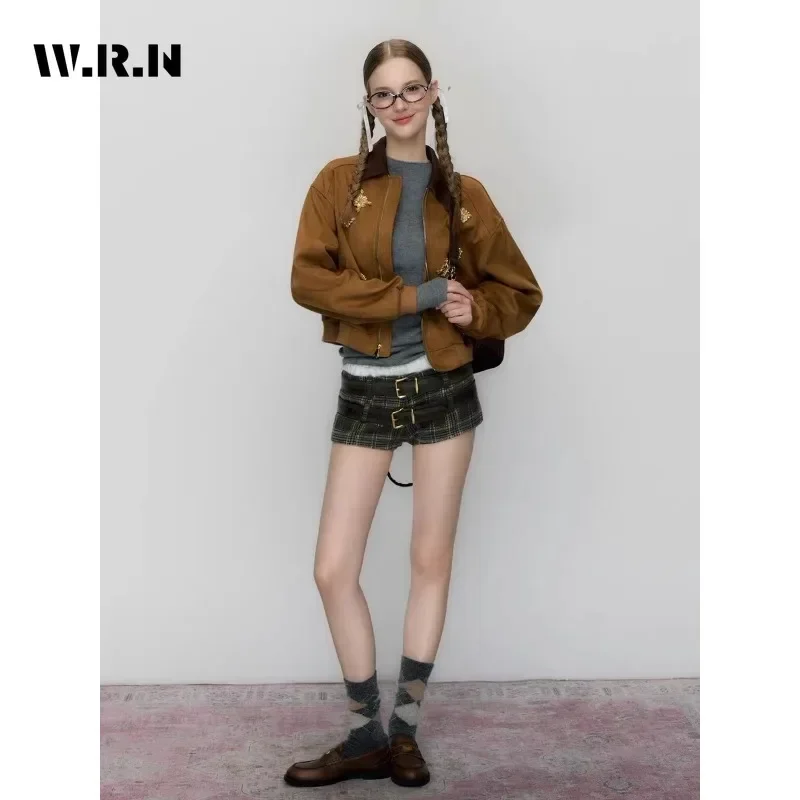 2024 Winter Female Vintage Style Loose Zipper Turn Down Collar Jacket For Women Street Patchwork Fashion Appliques Coat Top