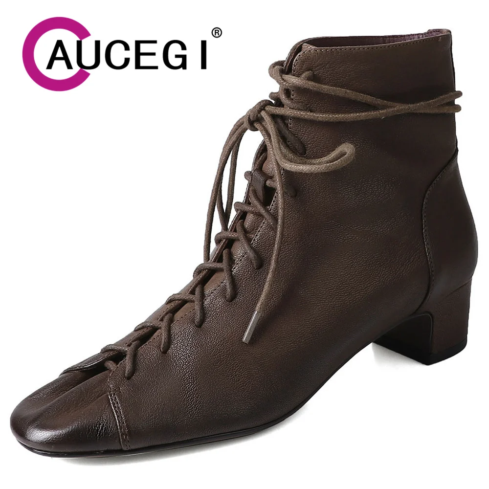 

Aucegi Luxury Brand Design Genuine Leather Ankle Boots Fashion Round Toe Chunky High Heel Women Autumn Lace Up Commuter Shoes