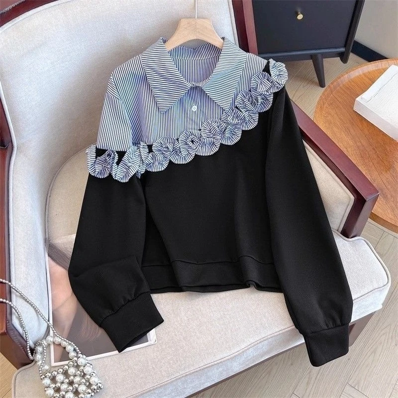 Korean Stripe Patchwork Hoodies Women's Clothing Two Pieces Casual Sweatshirts 2026 Ropa Mujer Fashion Chic Ruffled Tops
