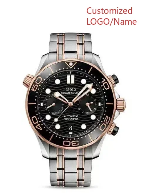 44mm 남성용 쿼츠 크로노그래프 시계 야광 고무 블랙 블루 세라믹 로즈 골드 스테인리스 스틸 맞춤형