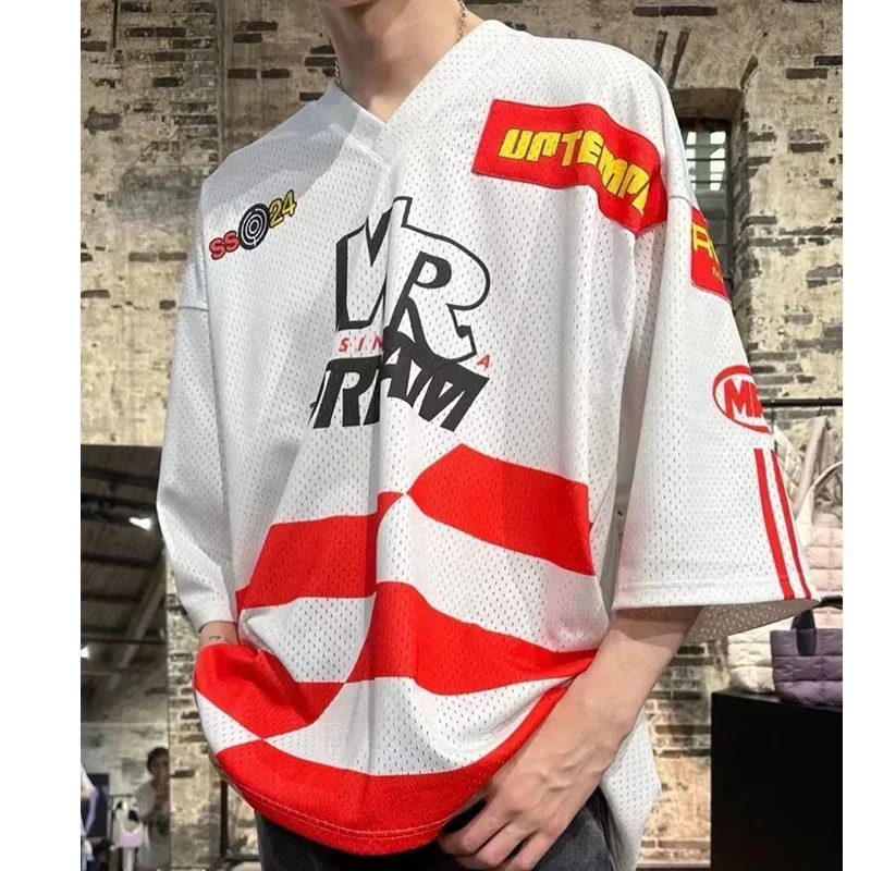 تي شيرت شبكي برقبة على شكل جمجمة وردية للرجال والنساء ، تيشيرت كبير الحجم ، طباعة شعار رقعة ، موضة غير رسمية ، جودة عالية ، 24SS