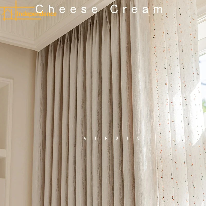Wood Grain Relief French Senior Cream Color Chenille Jacquard Curtains for Living Room Bedroom French Window Customized Finished