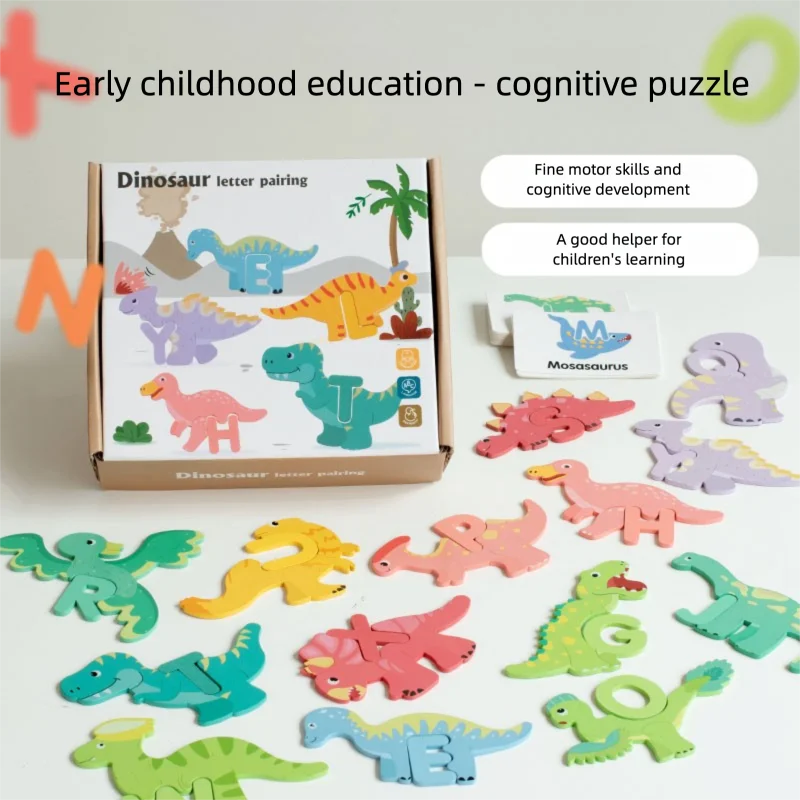 木製の創造的な恐竜の26文字、幼児教育パズルおもちゃ、啓蒙学習ゲーム、子供の教育