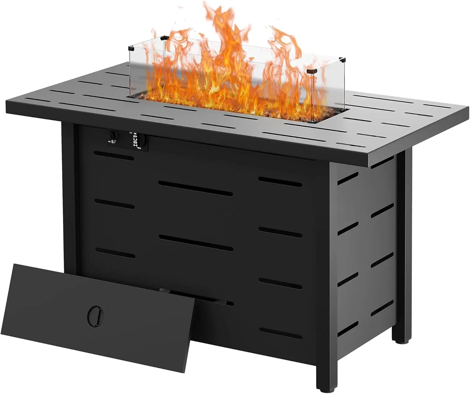 43 inch Outdoor Propane Fire Pit 50,000 BTU Gas Fire Pit Table with Lid, Glass Wind Guard, Waterproof Cover, Rectangle