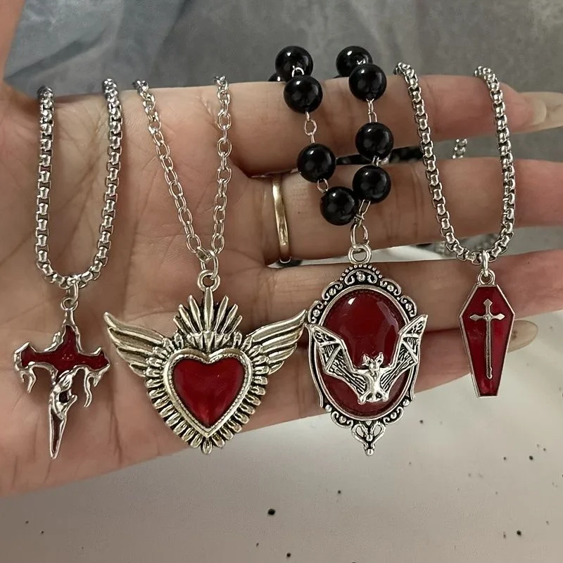 4Pcs Gothic Red Heart Wing Bat Cross Coffin Pendant Necklace Set for Women's Retro Punk Dark Aesthetic Neck Chain Jewelry