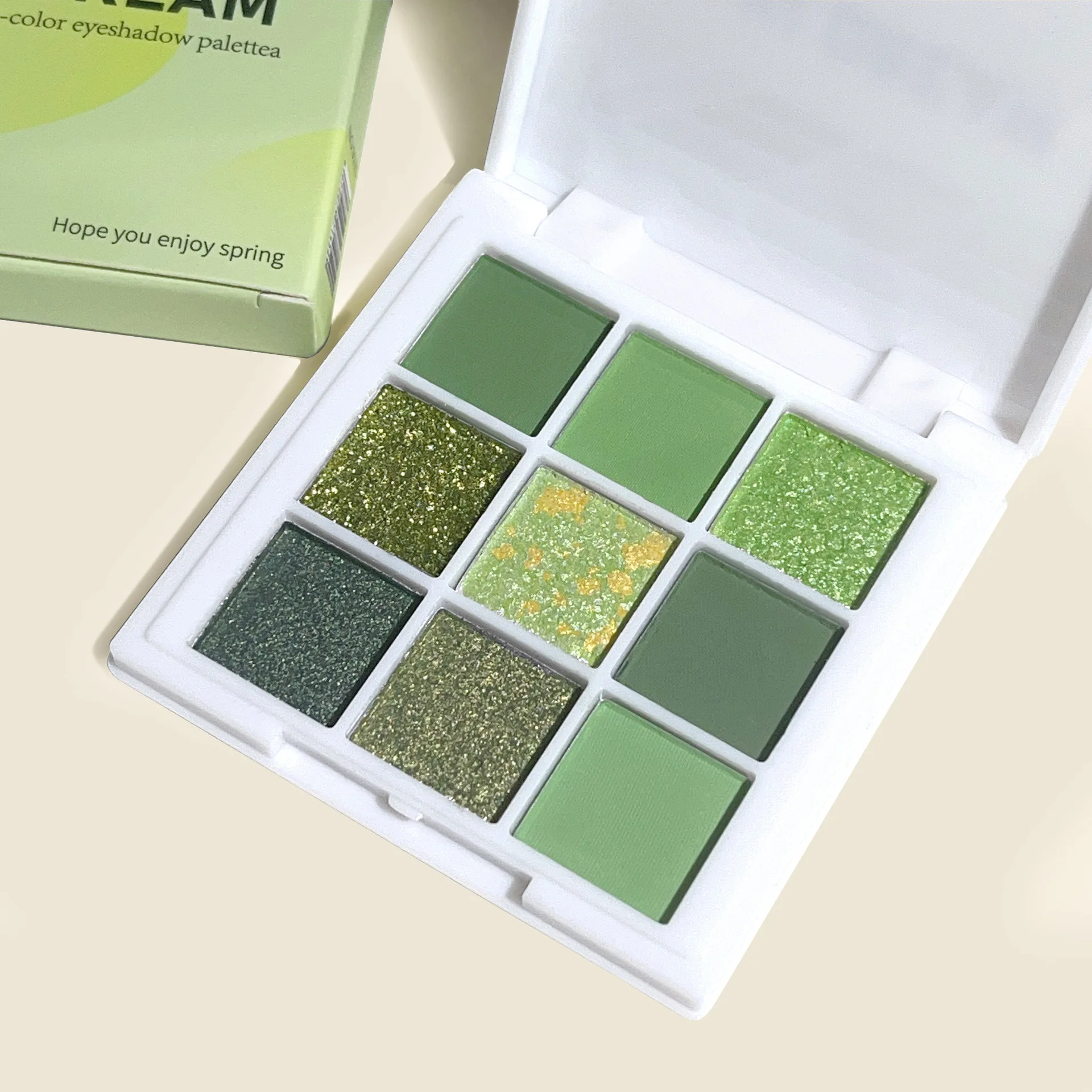 9-Color Eyeshadow Palette - Light Green, Matte & Shimmer Finishes, Long-Lasting, Waterproof & Sweatproof for Vibrant Eye Makeup