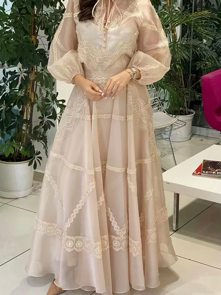 

Fashion autumn women's new vertical collar stitching lace long-sleeved loose dress with suspenders and waist A-shaped long skirt