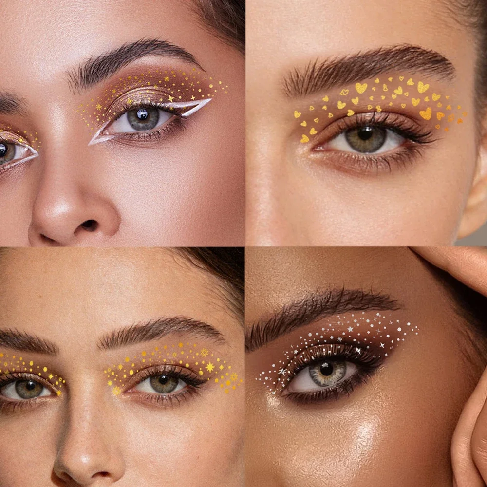 1Pack 6Sheets Hot Stamping Gold Silver Freckle Eye Shadow Patch Temporary Eyebrown Stickers Tattoo for Women Party Face Makeup