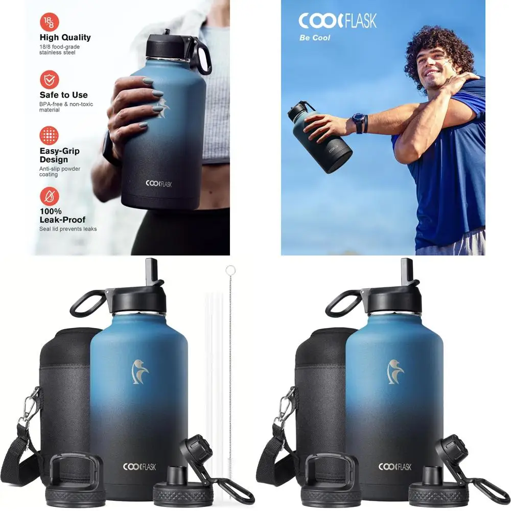

64 oz Insulated Stainless Steel Water Bottle with Straw & 3 Lids, Wide Mouth, Keeps Cold 48H, Hot 24H, Suitable for Sports, Gym,