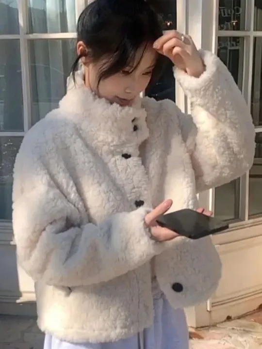 Chic ort Thiened Lamm Pelz Jaet frauen Stehkragen Mantel Koreanische Sle Lose Fit Winter Faion Weiche Milch Farbe mantel