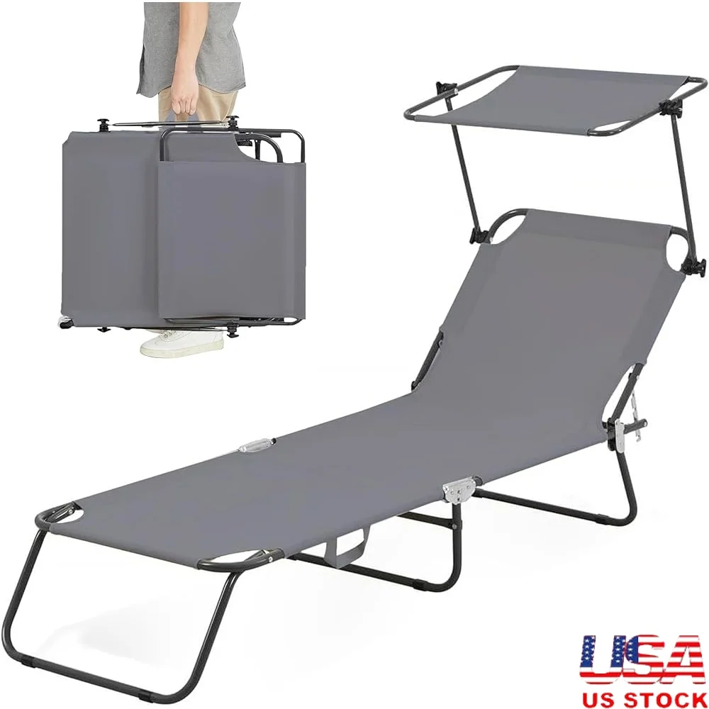 

Adjustable Beach Lounge Chair with Canopy Portable Foldable 5-Position Recliner Lightweight Durable Outdoor Furniture