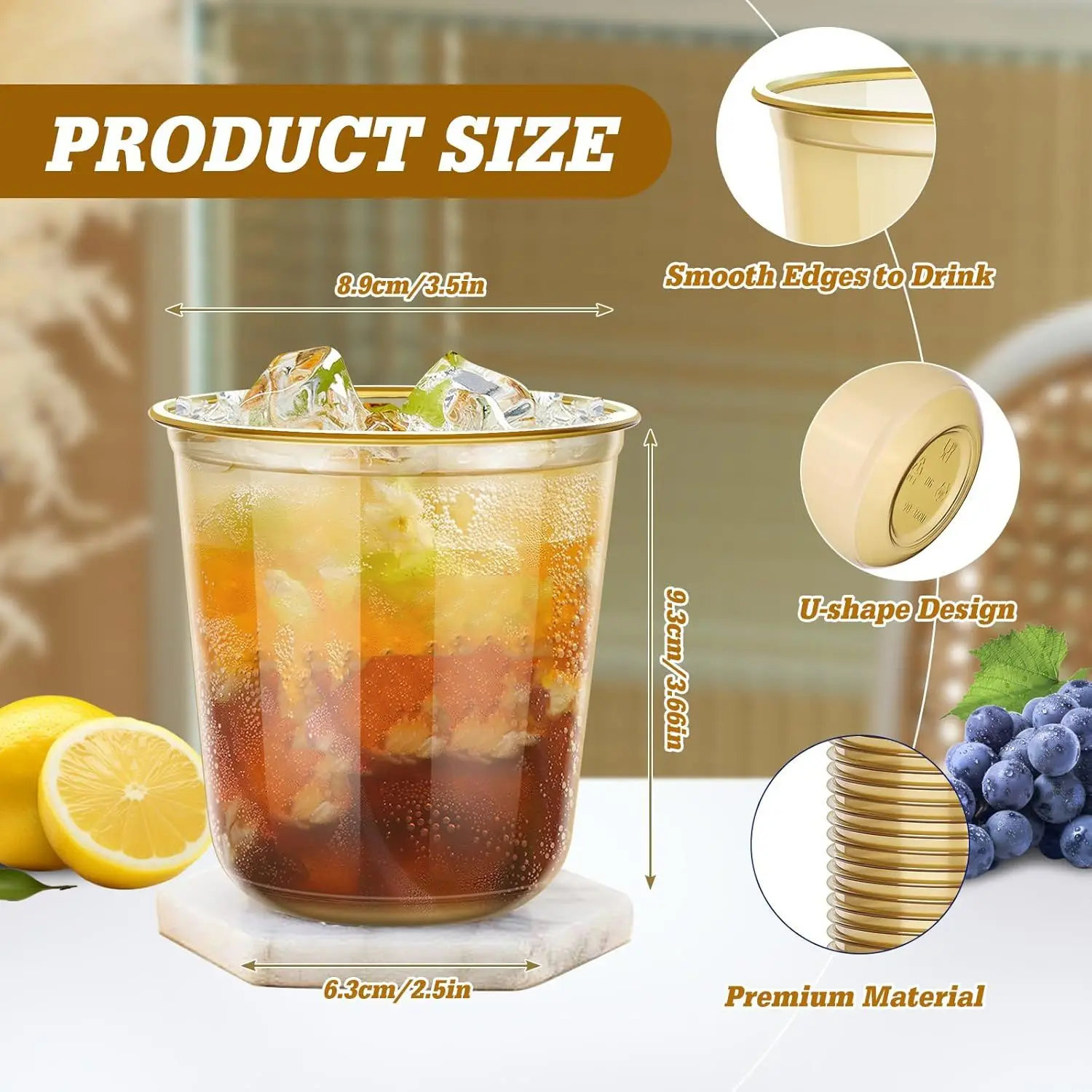 50 Pcs Gold Plastic Cups, 12oz Disposable Stemless Wine Glasses for Cocktail Cute Clear Cocktail Wine Glasses Gold Party Cups