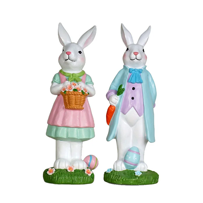 

Easter Bunny Figurine Mr. and Mrs. Rabbit with Flowers Eggs Ornament Home Holiday Party Tabletop Decorations
