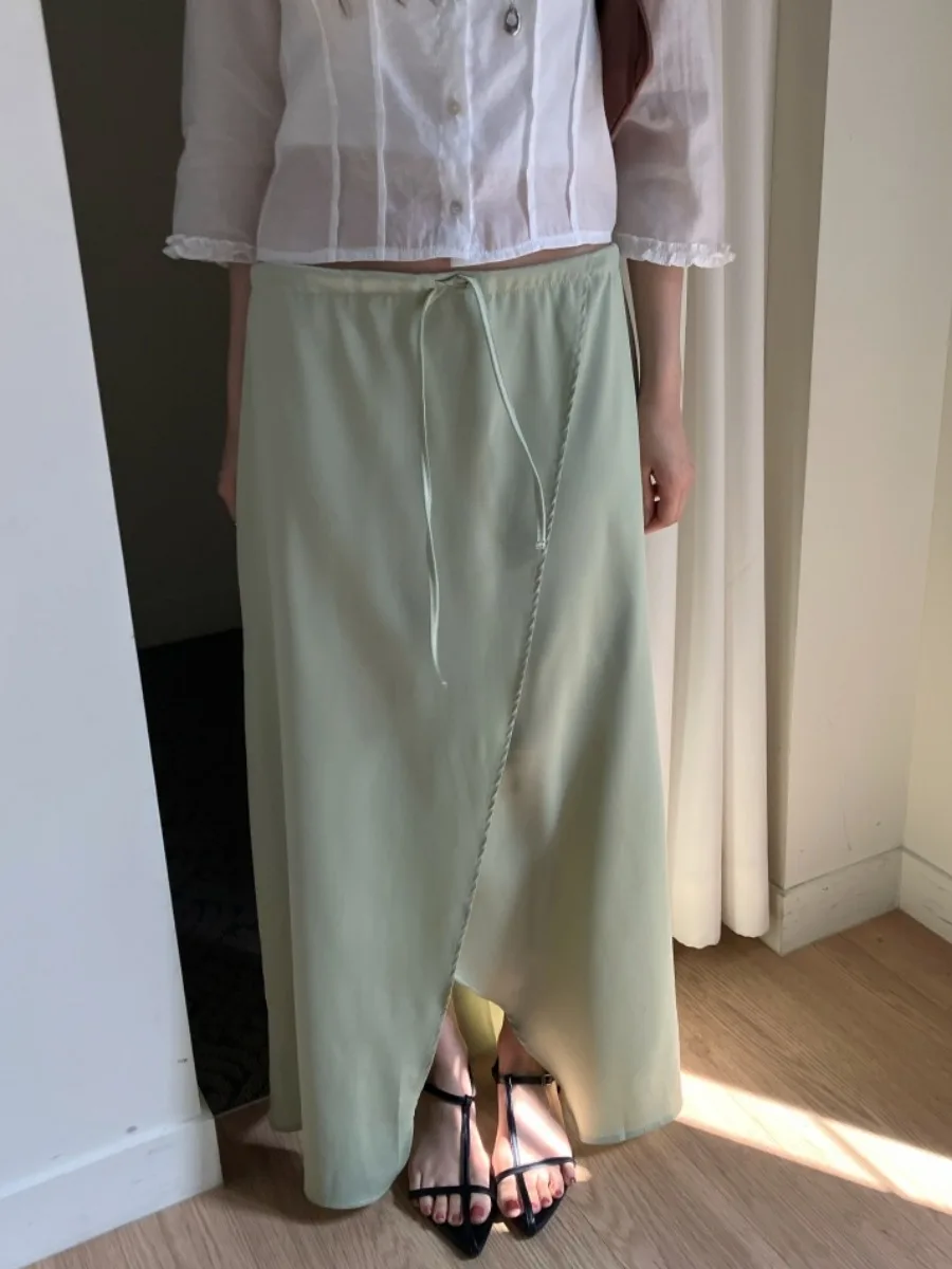 Elegant Pure Color Satin Long Skirt with Drawstring Elastic Waist Asymmetrical Slit for Women Spring Autumn Winter