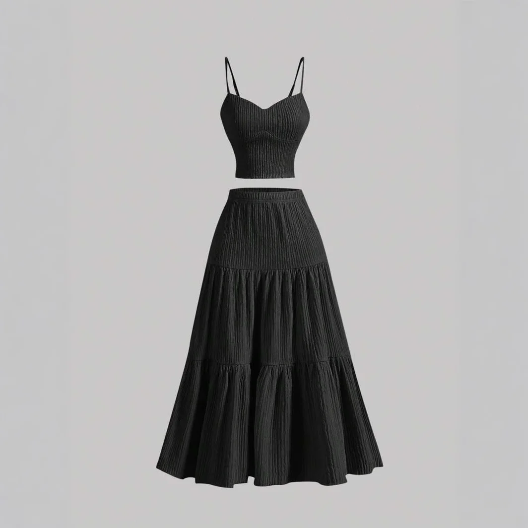 

2025 A-line Skirt Two Piece Set Women Sexy V-Neck Strap Vest Tops High Waist Skirt Solid Fashion Suit Streetwear Partywear