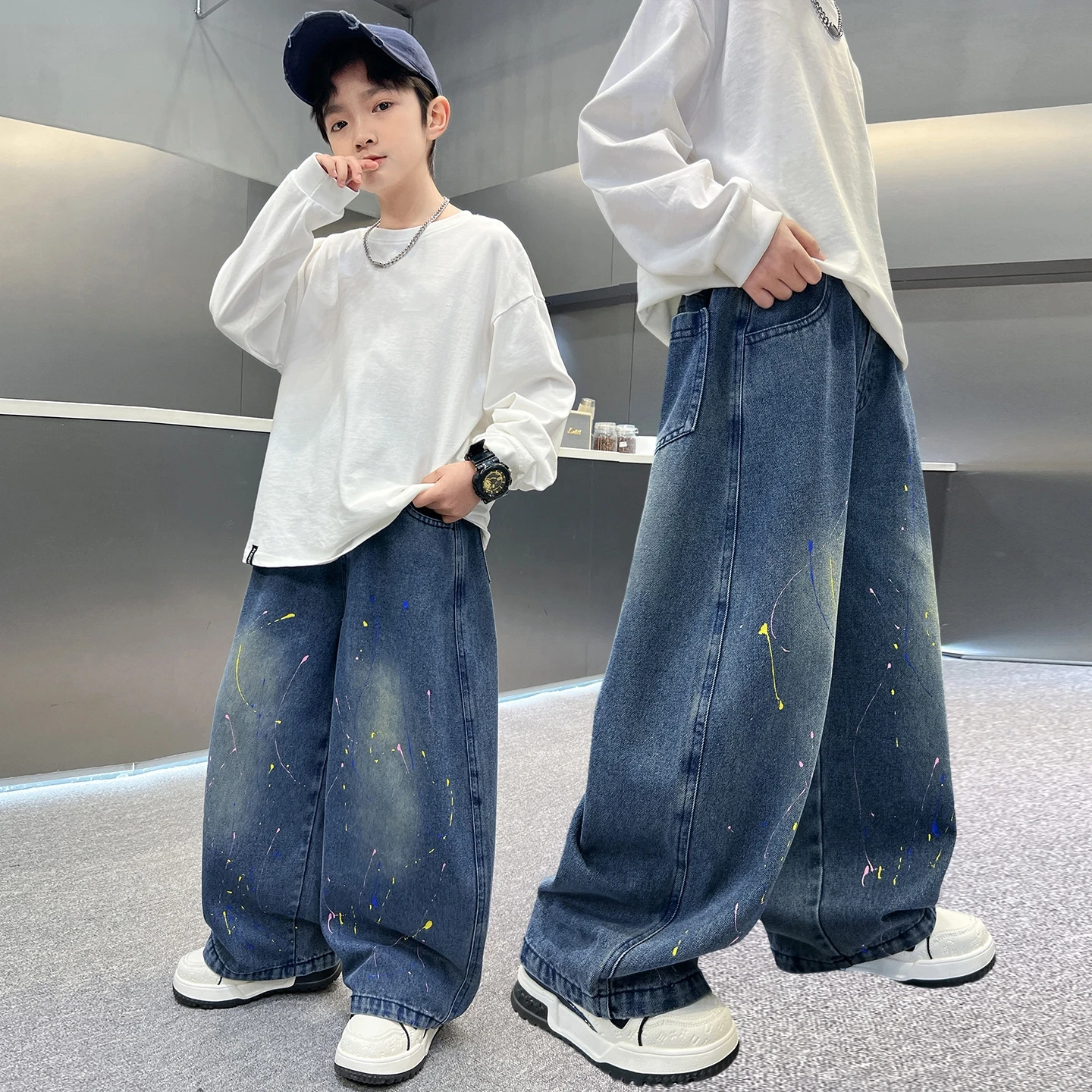 Stylische Loose-Fit Jeans für Kinder von 5-14 Jahren Frühling Herbst Modische Denim-Hose mit weitem Bein Mittlere Taille Elastischer Bund