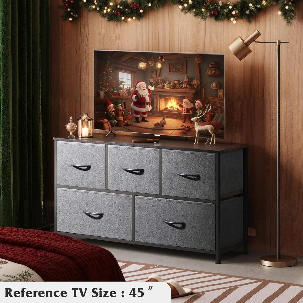 Wide 5-Drawer Dresser for Bedroom: Spacious Fabric Drawers, Dark Grey, Sturdy Steel Frame, Wood Top