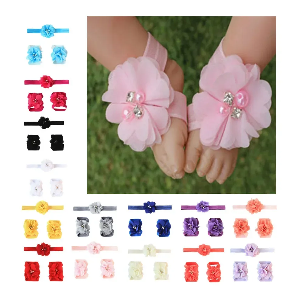 Baby Headband Chic Flowers Headbands Baby Barefoot Sandals and Headbands Set Newborn Shoes Children Girl Hair Accessories