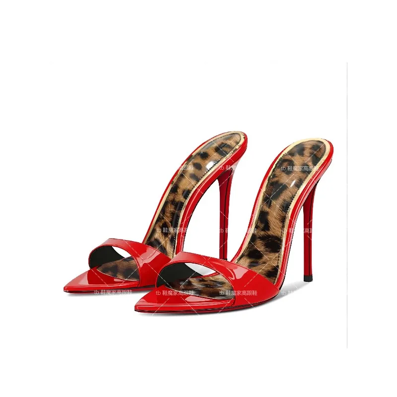 

Thin heeled leopard print patent leather flat back empty women's slippers, fashionable leopard print high-heeled pointed sandals