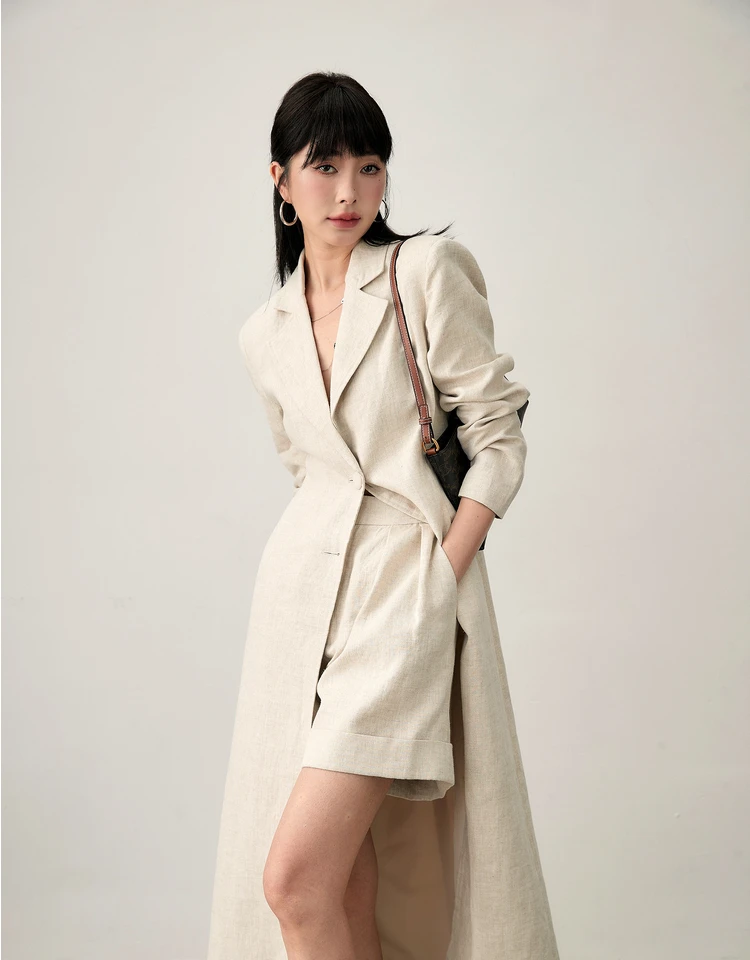 New Women Fashion Peak Lapel Button Long Coat Office Lady Formal linen Solid Color slim trench