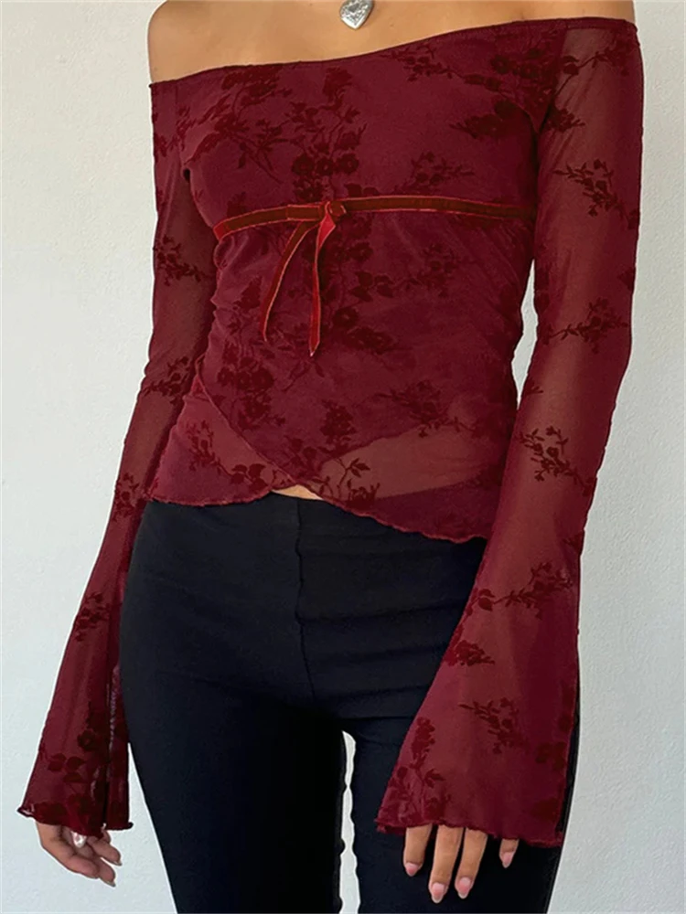 Y2K Fleece Flower Mesh Off Shoulder Crop T-shirt Women's Clothing Flare Long Sleeve Slim Top Fashion Tees Streetwear