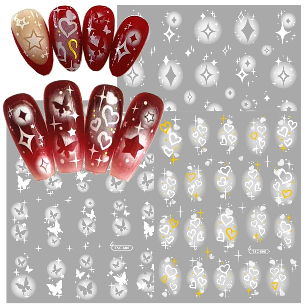 

White Rendering TSC-606-608 Nail Art Stickers Self Adhesive Nail Art Decals For Nail Art Decoration, Nail Art Supplies butterfly