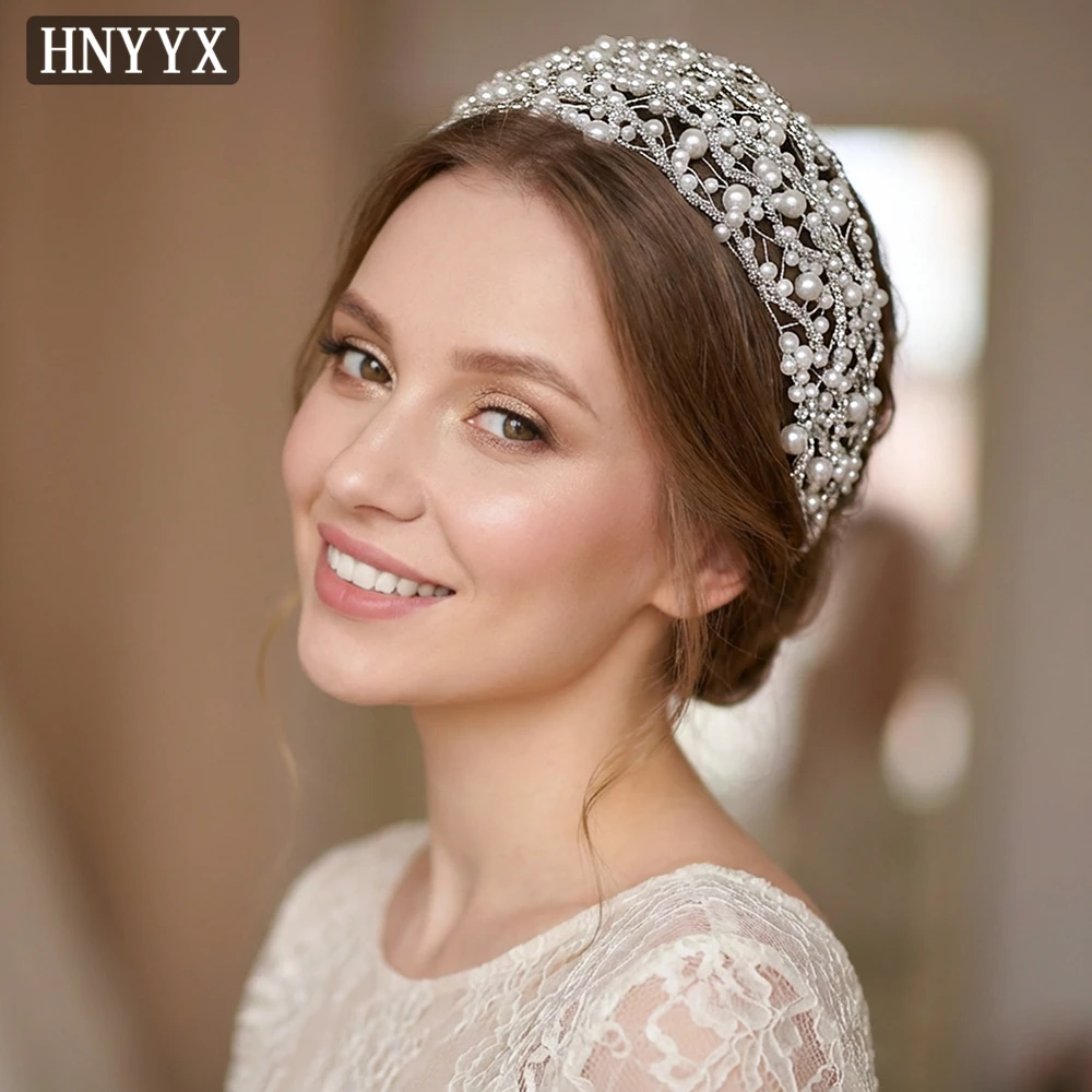

Роскошный многослойный широкий ободок для волос HNYYX с жемчугом, аксессуар для невесты, ручная работа, металлическая проволока, ажурная сетка, головной убор A420