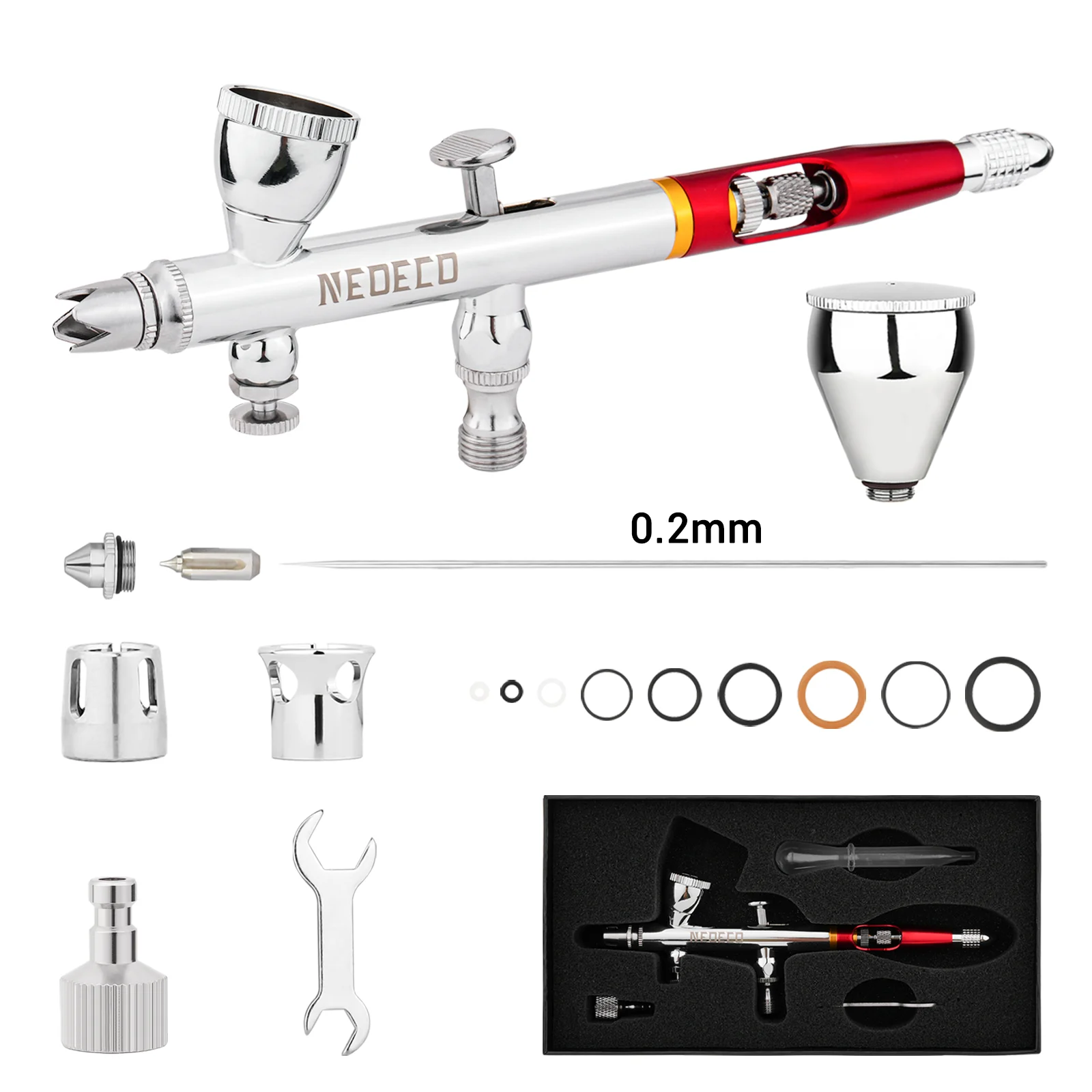 NEOECO 0,2 mm dubbelwerkende airbrush met zwaartekrachttoevoer en 2cc 9cc vloeistofbeker naar binnen kroonnaalddop, O-ringafdichtingsset, drop-in mondstuk