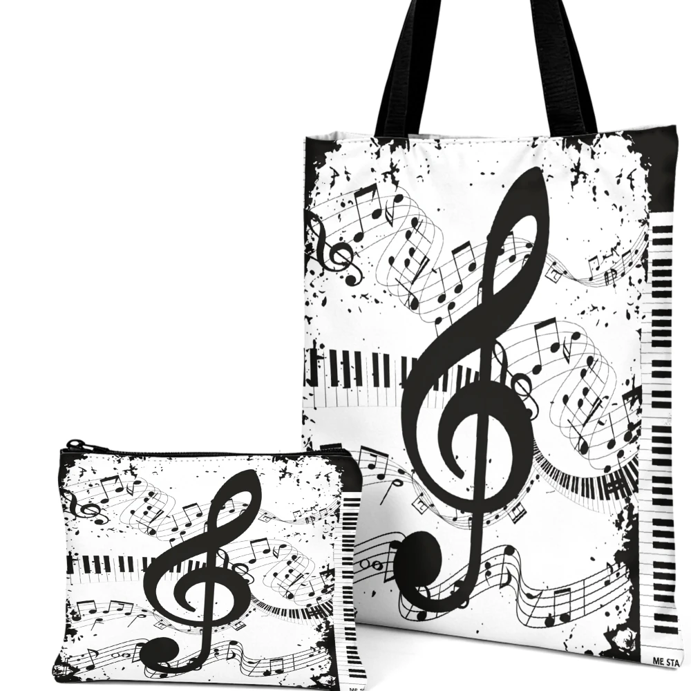 Musical Notes Tote Bag White Black Treble Clef Shoulder Bags And Cosmetic Bag Combination For Events And Daily Use Storage Pouch