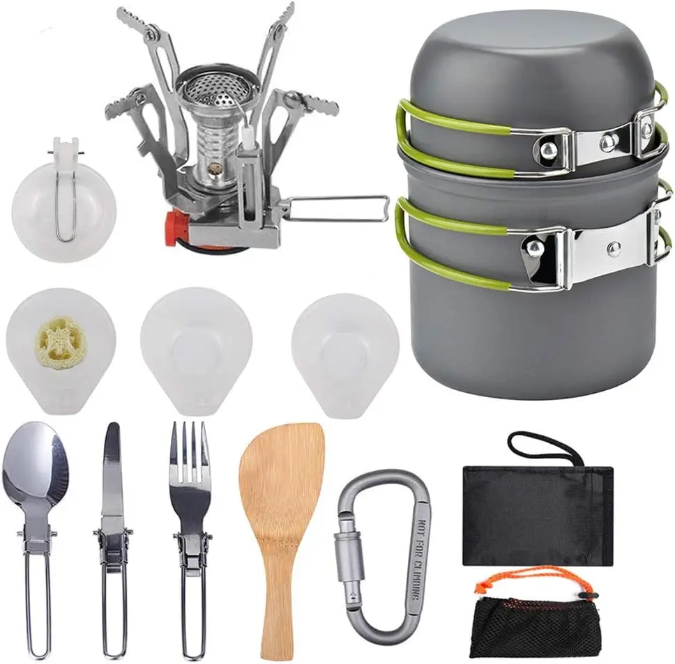 Feistel Camping Cookware Mess Kit, Portable Camp Stove Pots and Pans Set, Carabiner, Folding Knife, Fork Spoon Kit,