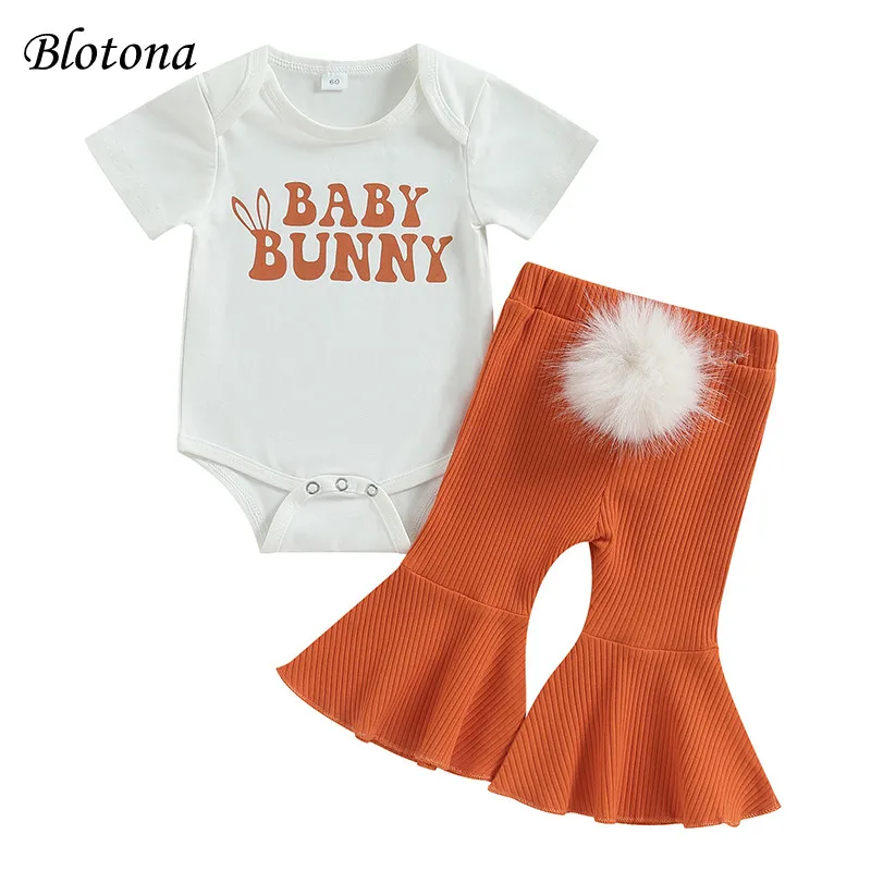 

Blotona Baby Girls Summer Outfit, Short Sleeve Letter Print Easter Romper Tops+ Elastic Waist Ribbed Flared Pants 0-18Months