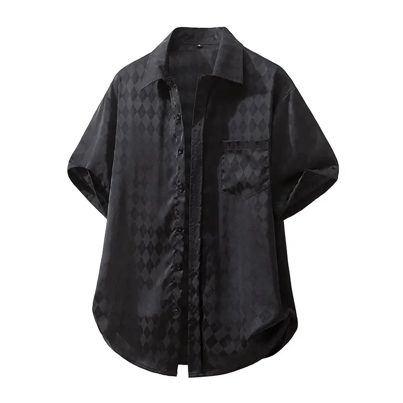 Summer Fashion Men's Satin Diamond Grid Short Sleeve Shirt Casual Solid Beach Holiday Shirts Stylish Smooth Silk Mens Shirt