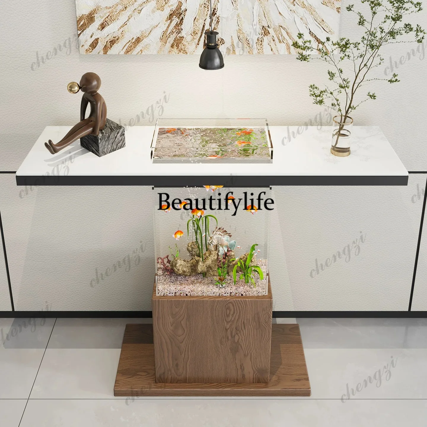 A68Simple modern porch table suspended rock slab against the wall strip case designer landscaping fish tank  porch cabinet